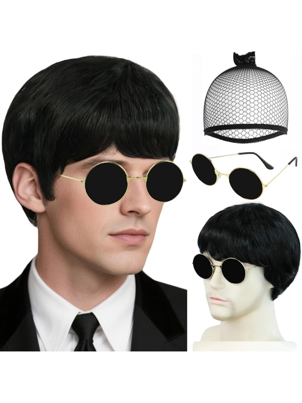 Hair cap + (Glasses) Short Black Wig Men Costume for Halloween and Christmas
